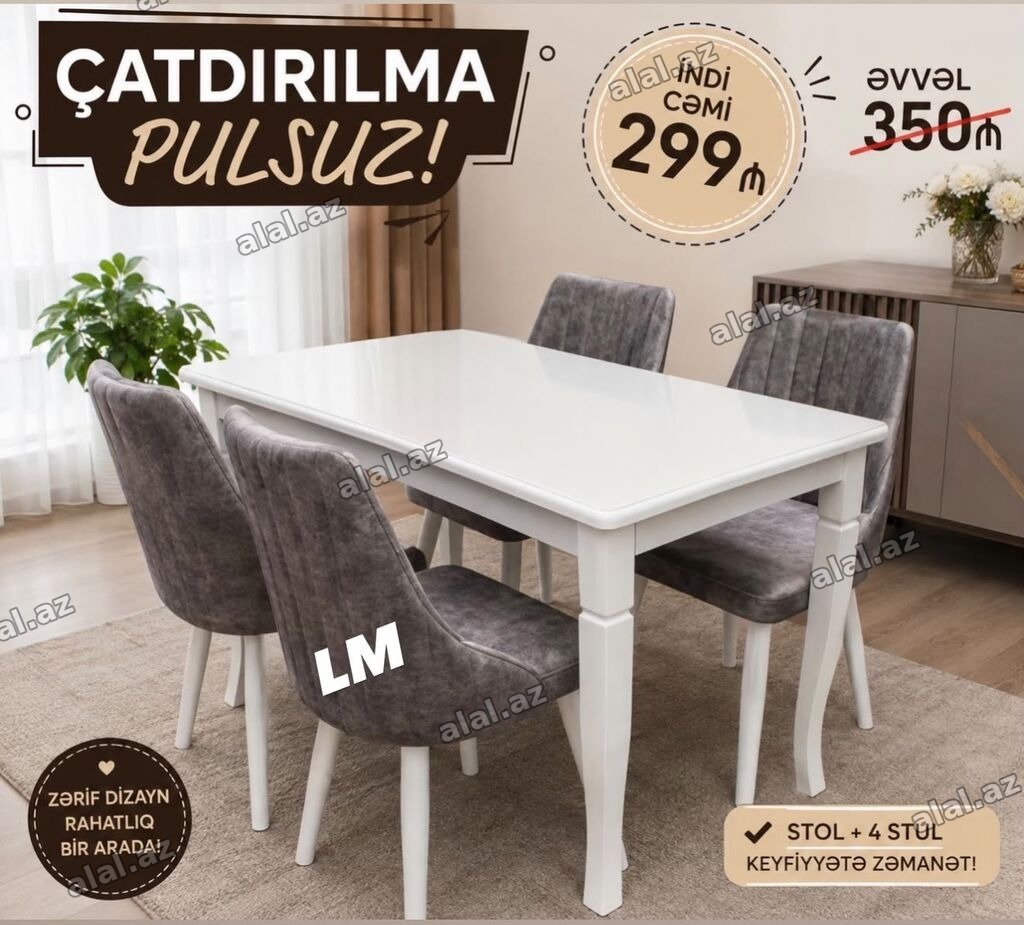- Stol və 4 stuldan ibarət yemək dəsti - Minimalist və zərif dizayn