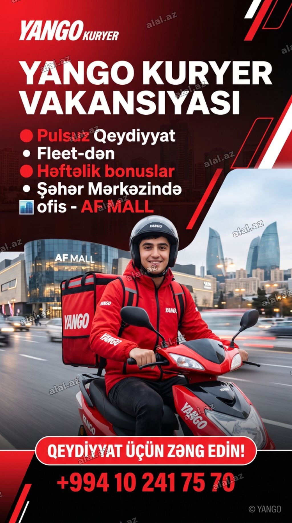 Sürücü-kuryer tələb olunur, Şəxsi nəqliyyat vasitəsi ilə, Həftəlik ödəniş, Təcrü
