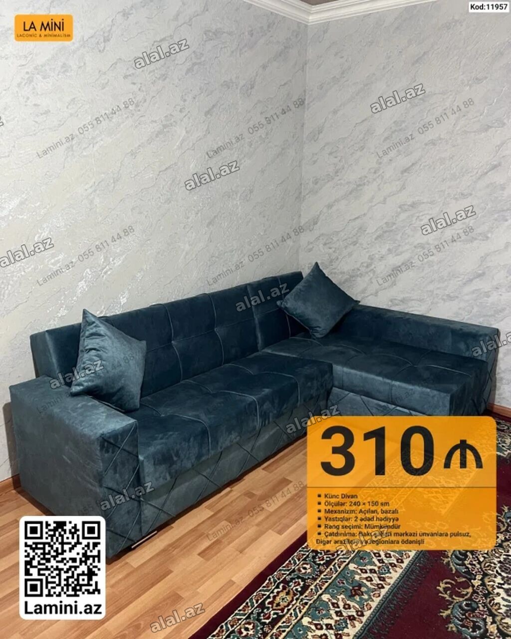 Künc divan - Ölçülər: 240 × 150 sm - Mexanizm: açılır, bazalı -