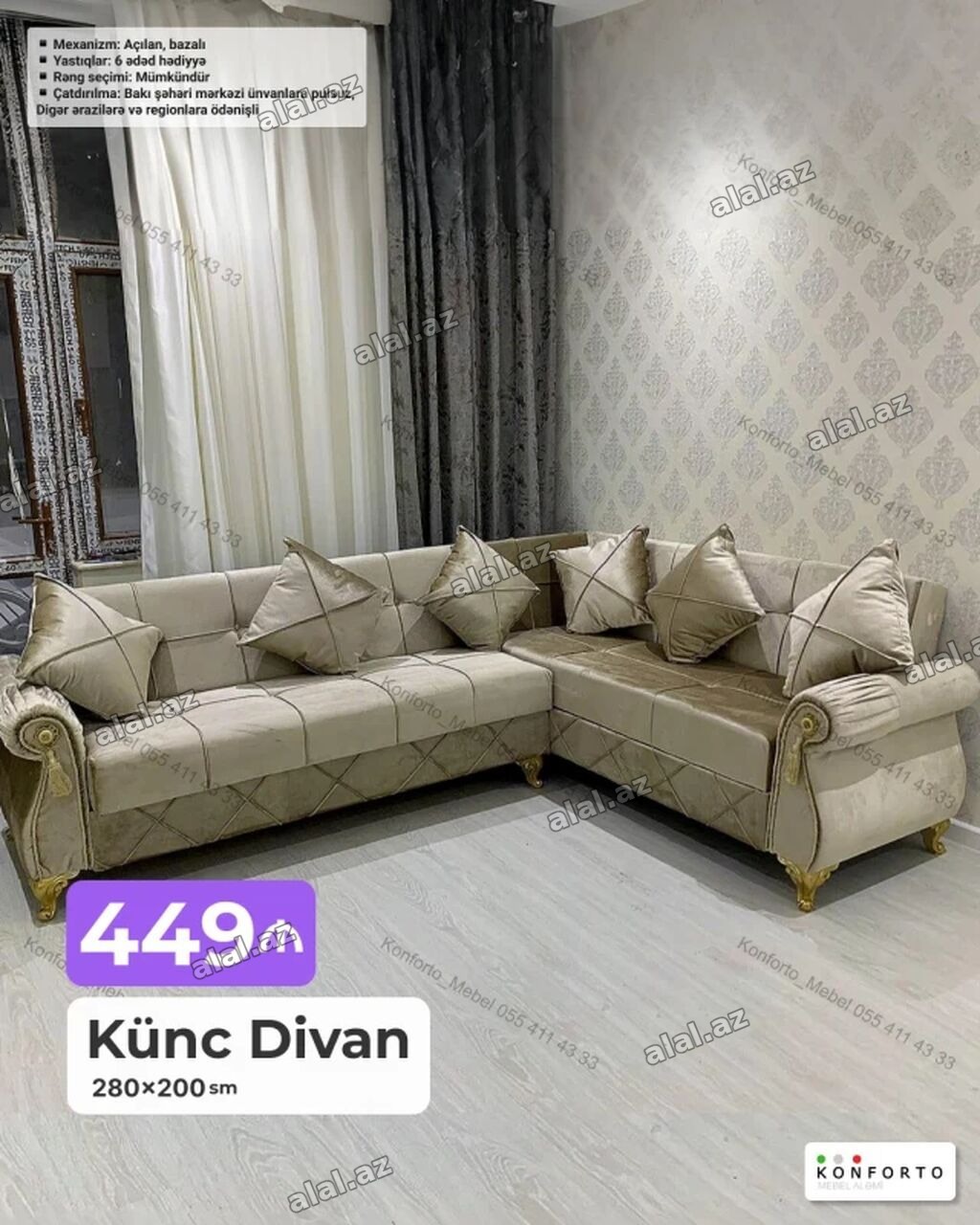 Künc divan – 280×200 sm - Klassik üslubda L formalı künc divan -