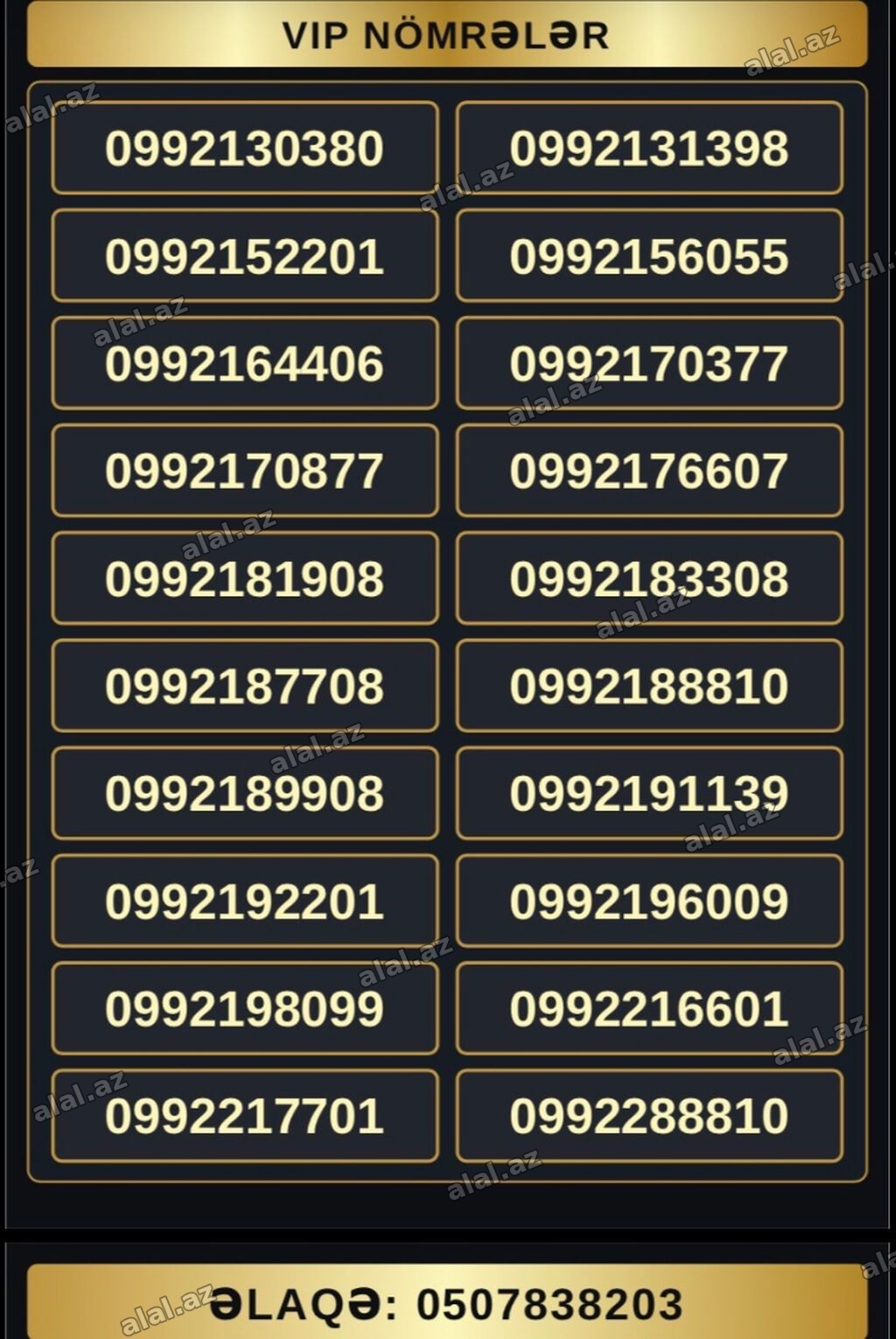 Məhsul: VIP mobil nömrələr Təsvir: - Operator prefixi: 099 - Yadda