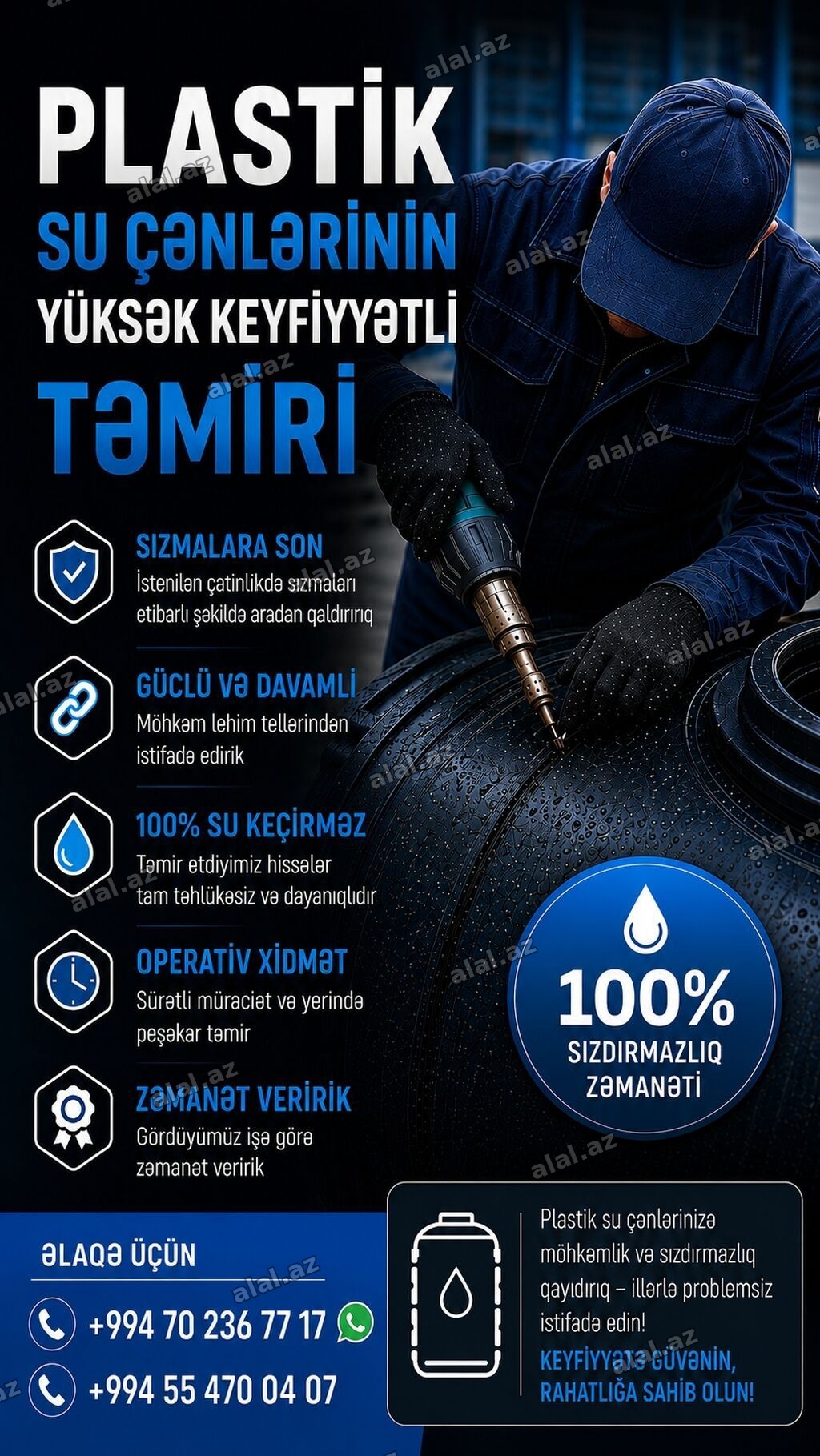 Plastik su çənlərinin yüksək keyfiyyətlə təmiri xidməti - Sızmalara