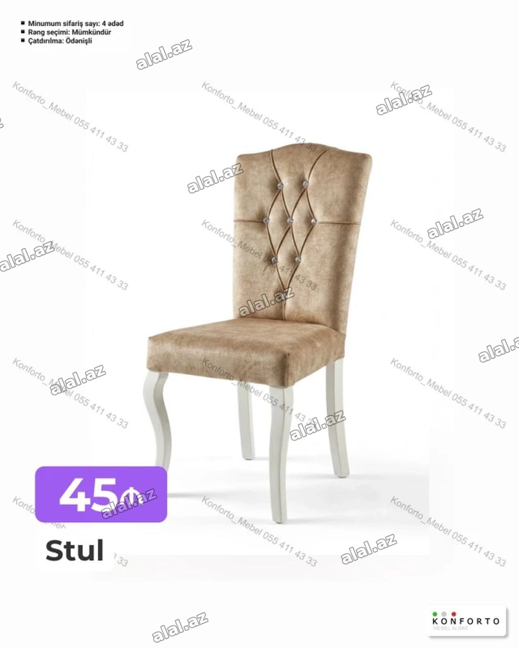 Stul – 45₼ - Klassik dizaynlı, yumşaq oturacaq və bel dəstəyi - Bel