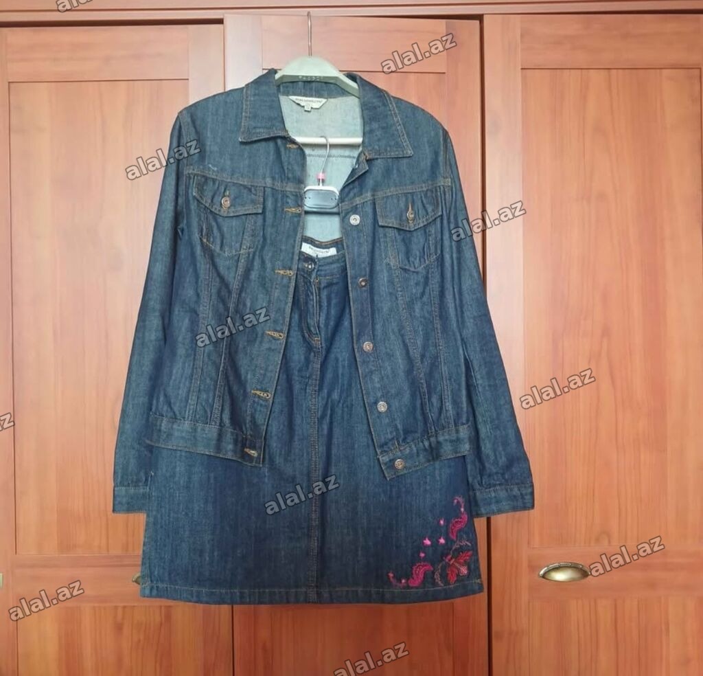Denim dəst – 2 üst geyim 1) Uzun cins jaket/plaş - Tünd mavi denim -