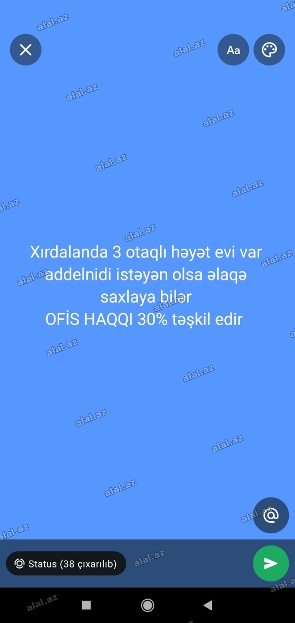 Xırdalanda 3 otaqlı həyət evi təklif olunur. Mətndə qeyd: “Ofis haqqı