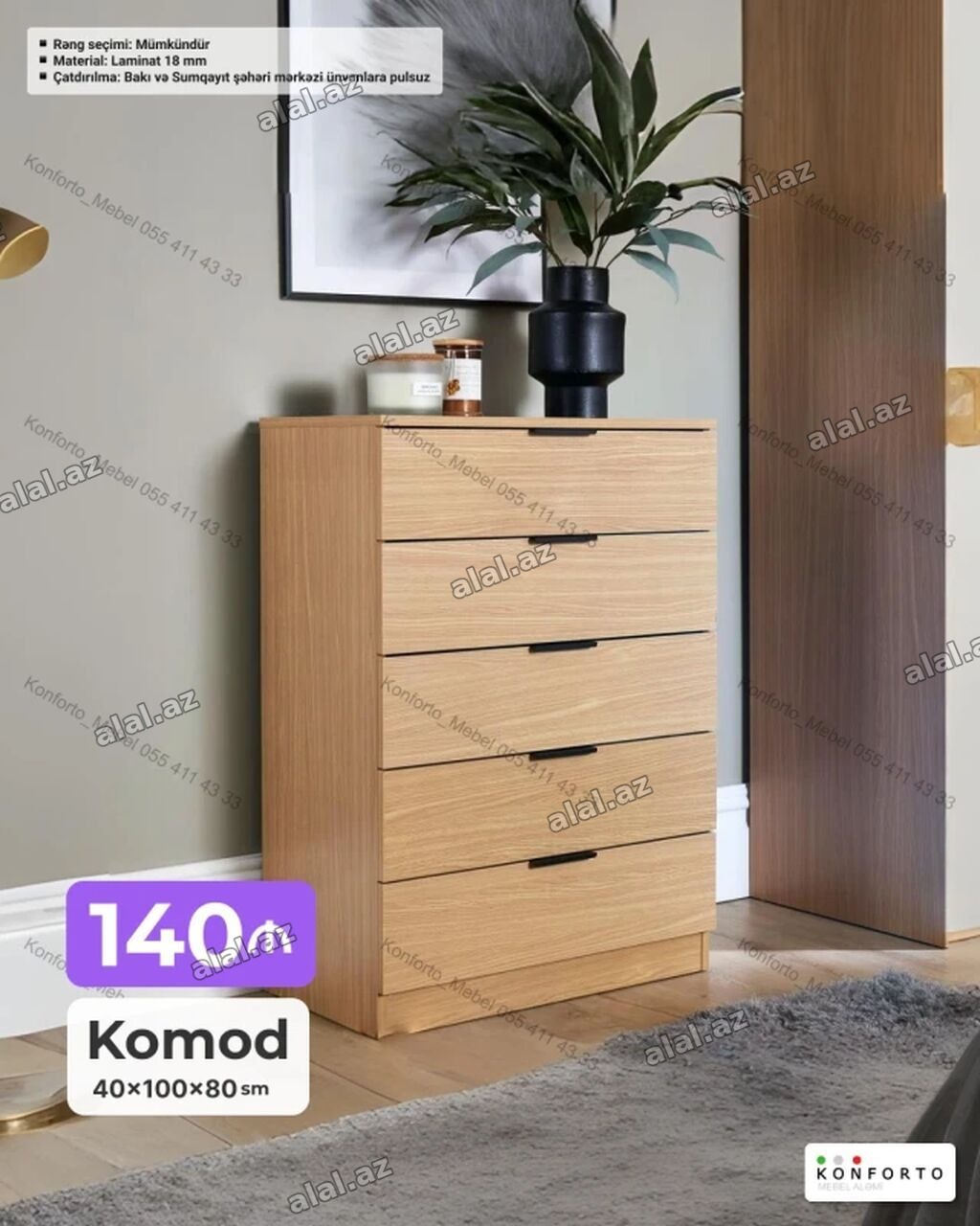 Komod – 4 çekmecəli Ölçü: 40 × 100 × 80 sm Material: 18 mm laminat