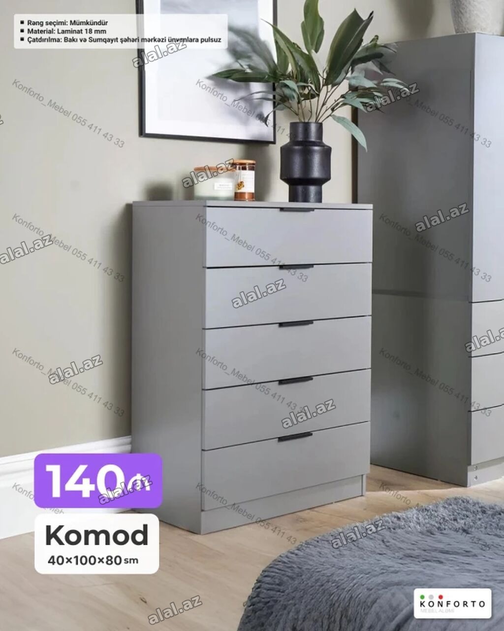 Komod – 40×100×80 sm - Material: 18 mm laminat - Rəng seçimi