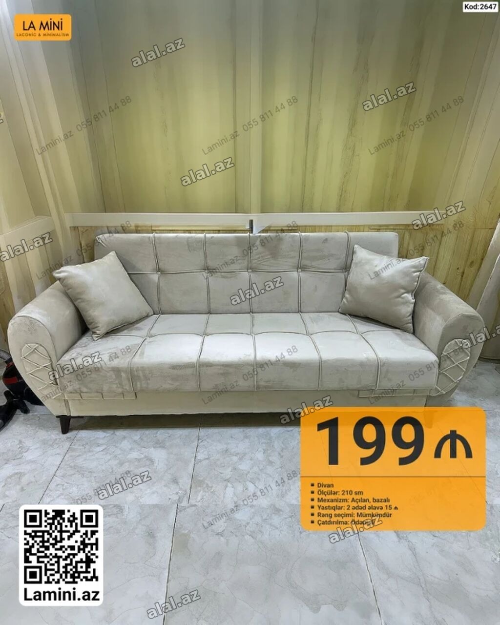 Divan - Ölçü: 210 sm - Mexanizm: açılan, bazalı (yataq və əşya