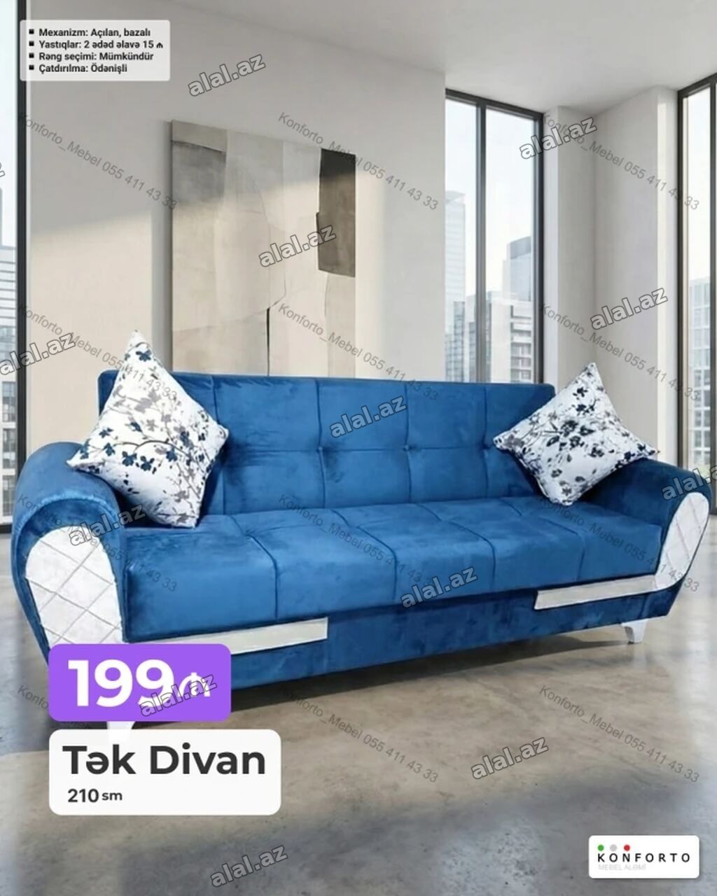 Tək Divan – 210 sm - Mexanizm: Açılan, bazalı (yataq funksiyalı, alt