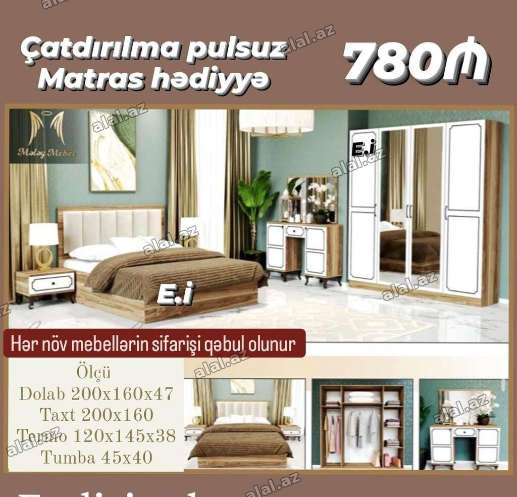 Yataq otağı mebel dəsti – 780₼ Komplekt: - Taxt: 200×160 - Dolab
