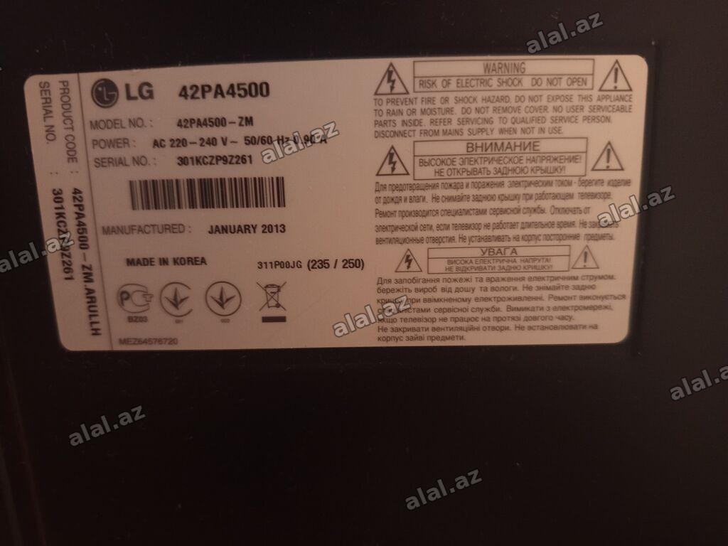 LG 42PA4500 plazma televizor - Model: 42PA4500-ZM (istehsal: yanvar