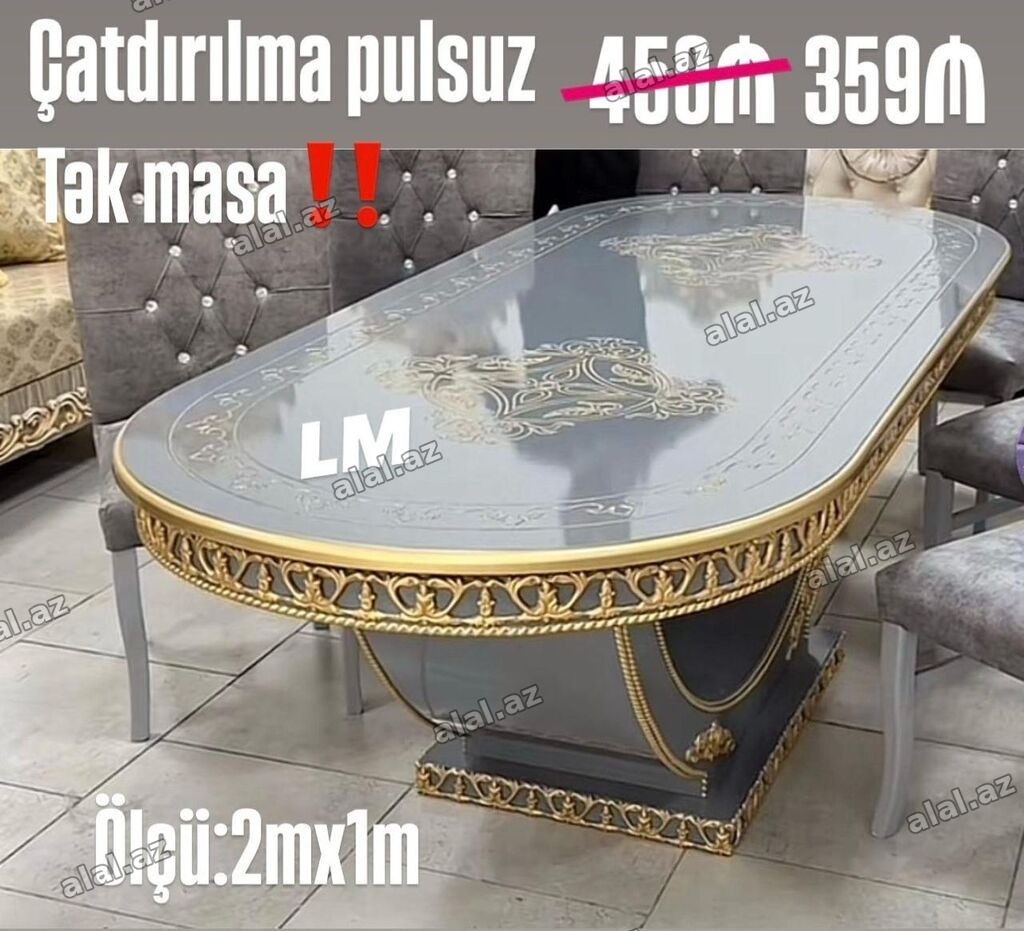 Zərif naxışlı klassik üslubda yemək masası. Rəng: tünd boz səth