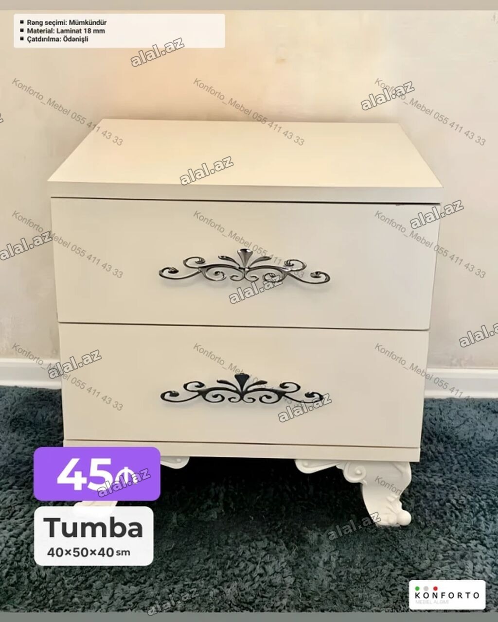 Tumba – 40×50×40 sm - Klassik dizaynlı, 2 çekmecəli - Dekorativ