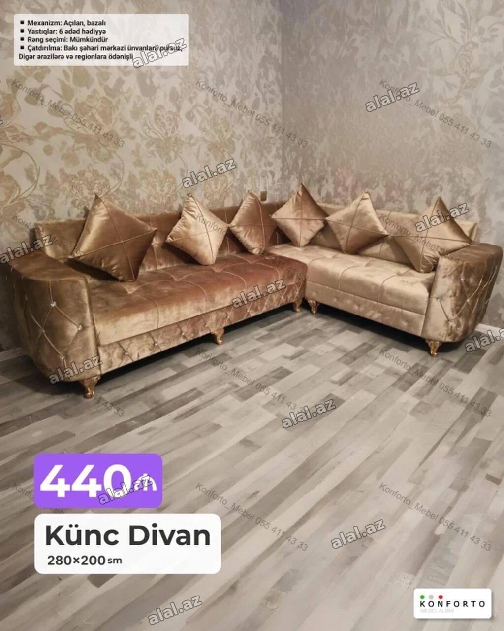 Künc divan – ölçü: 280×200 sm - Mexanizm: açılan, bazalı (yataq