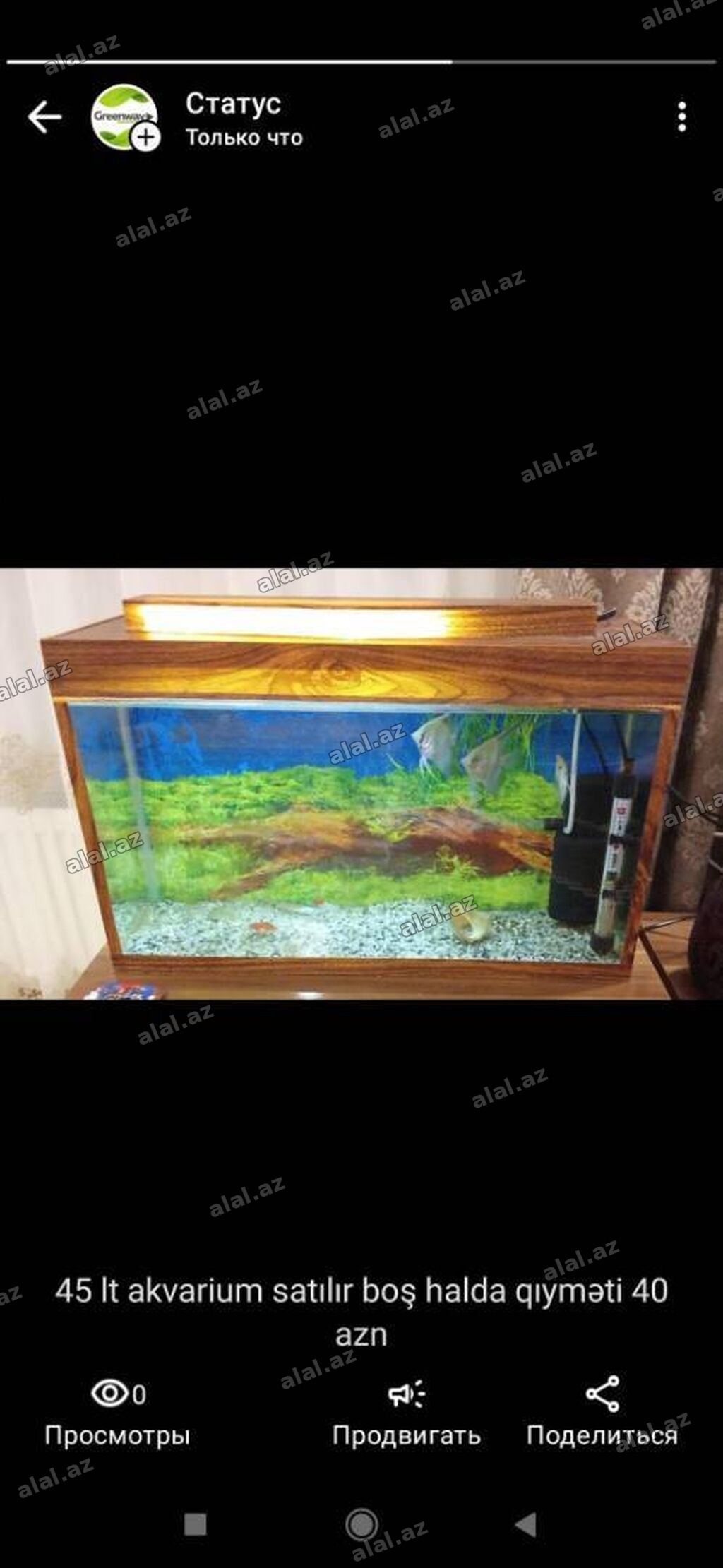 45 lt akvarium boş halda satılır qıyməti 30 azn. baliq saxlamaq olar