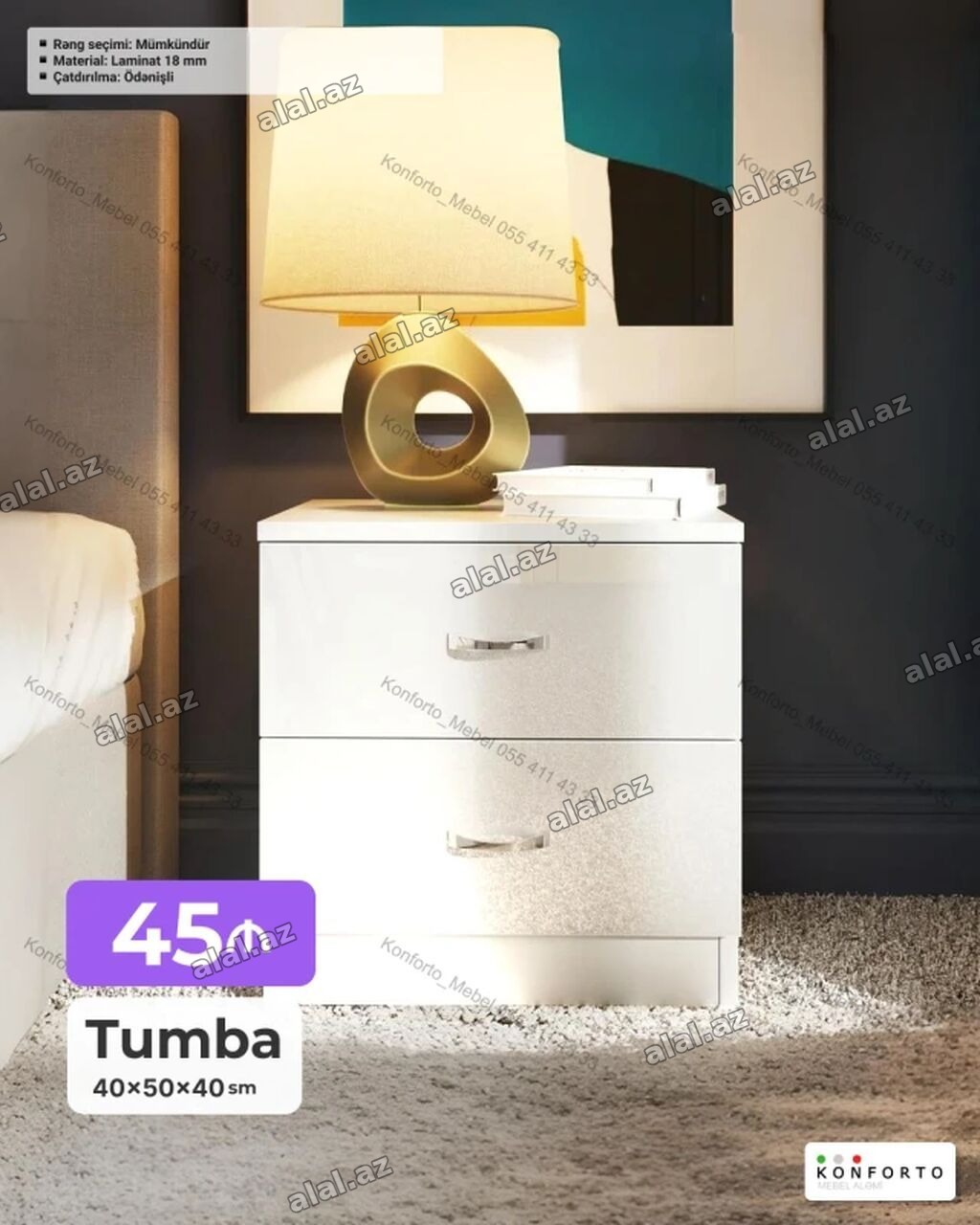 Tumba – 40×50×40 sm - 2 çekmecəli, kompakt yataq otağı tumbası -