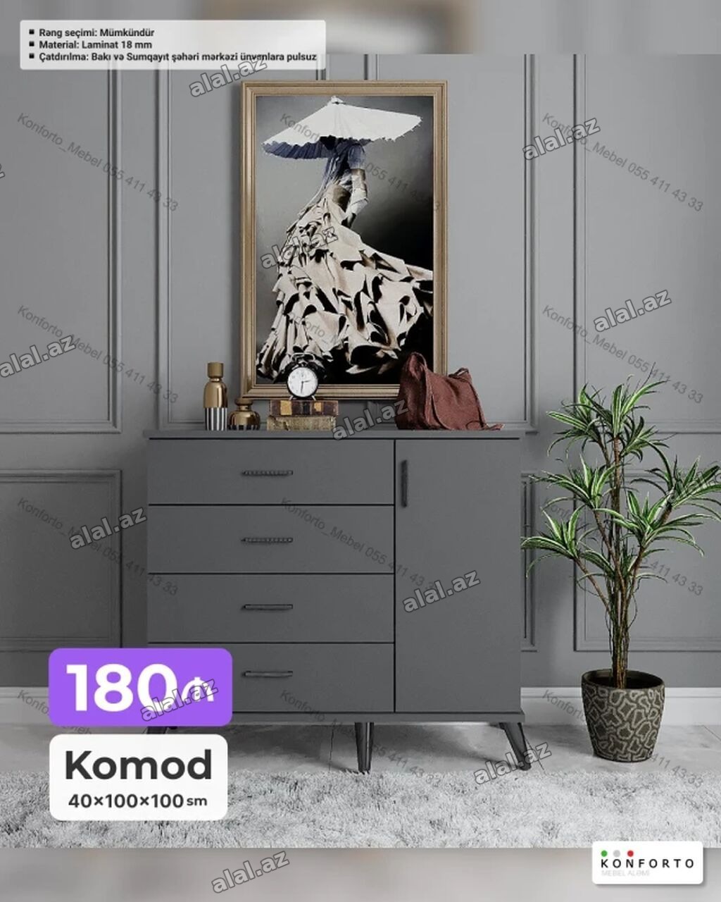 Komod – müasir dizaynlı, çoxbölməli saxlama mebeli. Ölçülər: - 40 ×