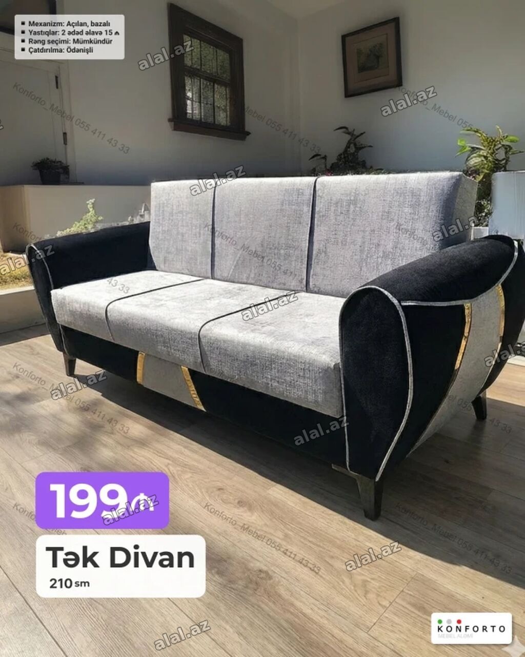 Tək divan – 210 sm - Mexanizm: açılan, bazalı (yataq funksiyalı, altı