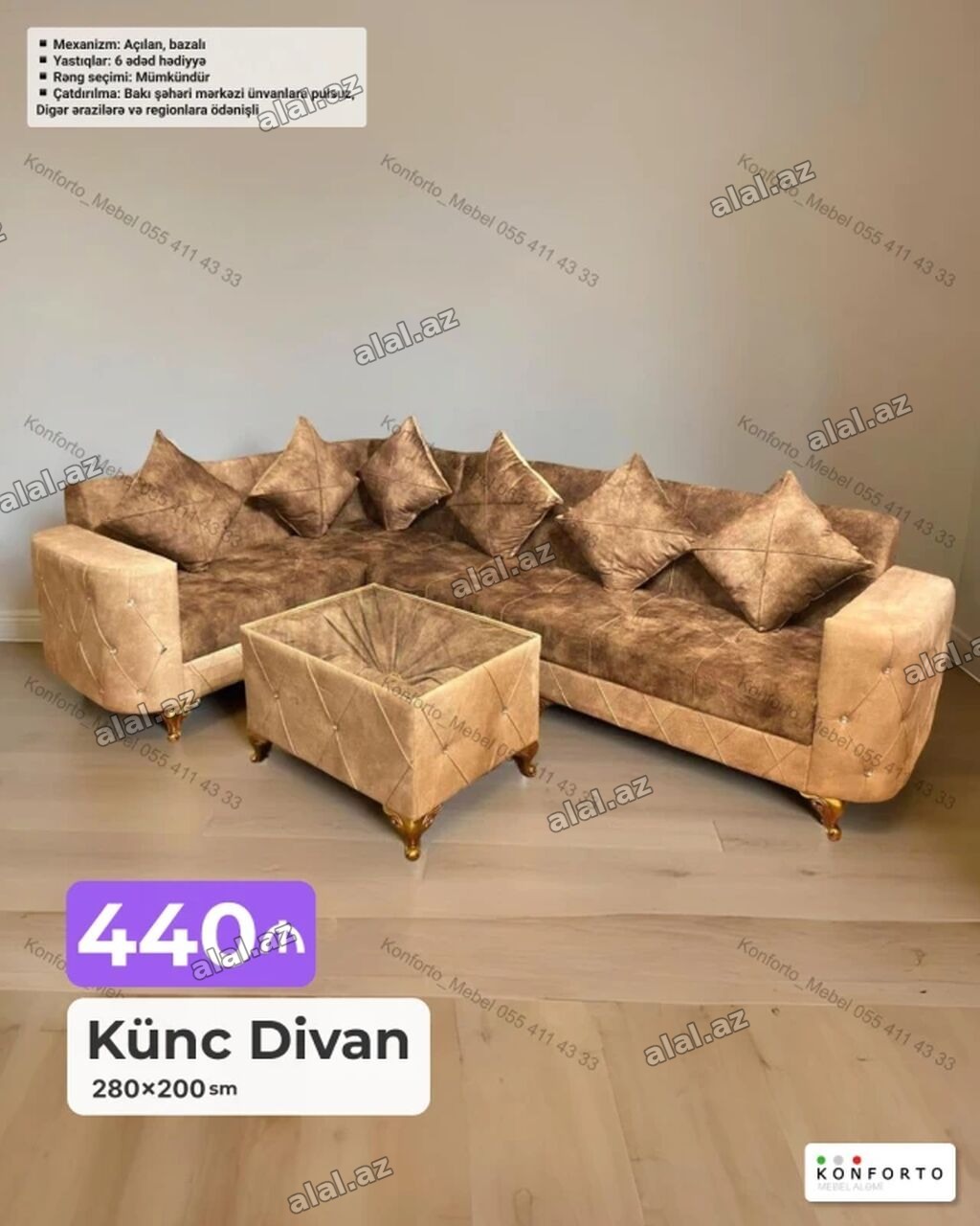 Künc divan – 280×200 sm - Mexanizm: açılan, bazalı (yataq funksiyası