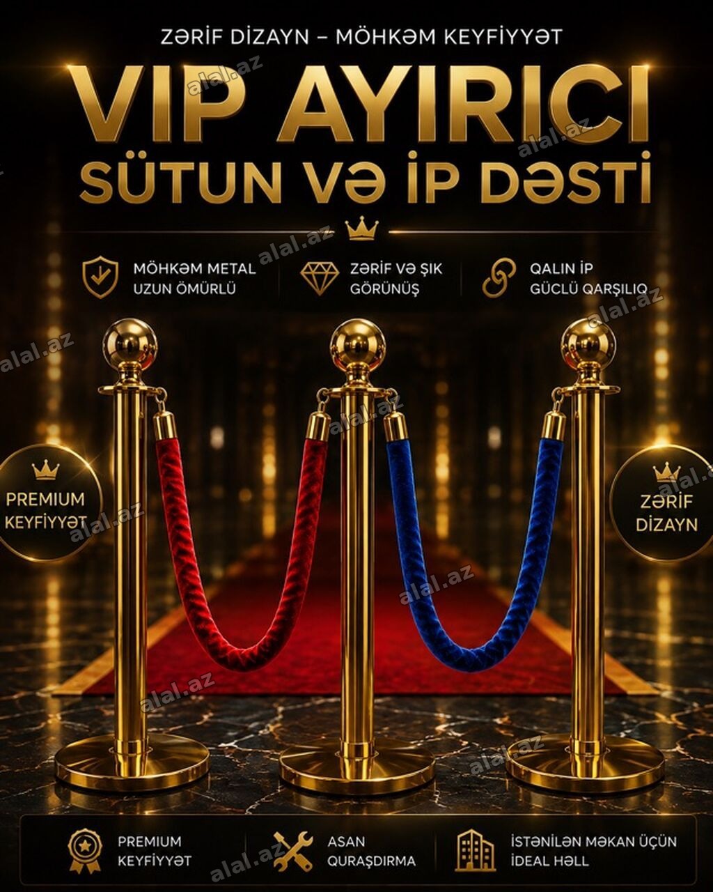 VIP Ayırıcı – Sütun və İp Dəsti - Zərif və şık görünüş: Qızılı metal