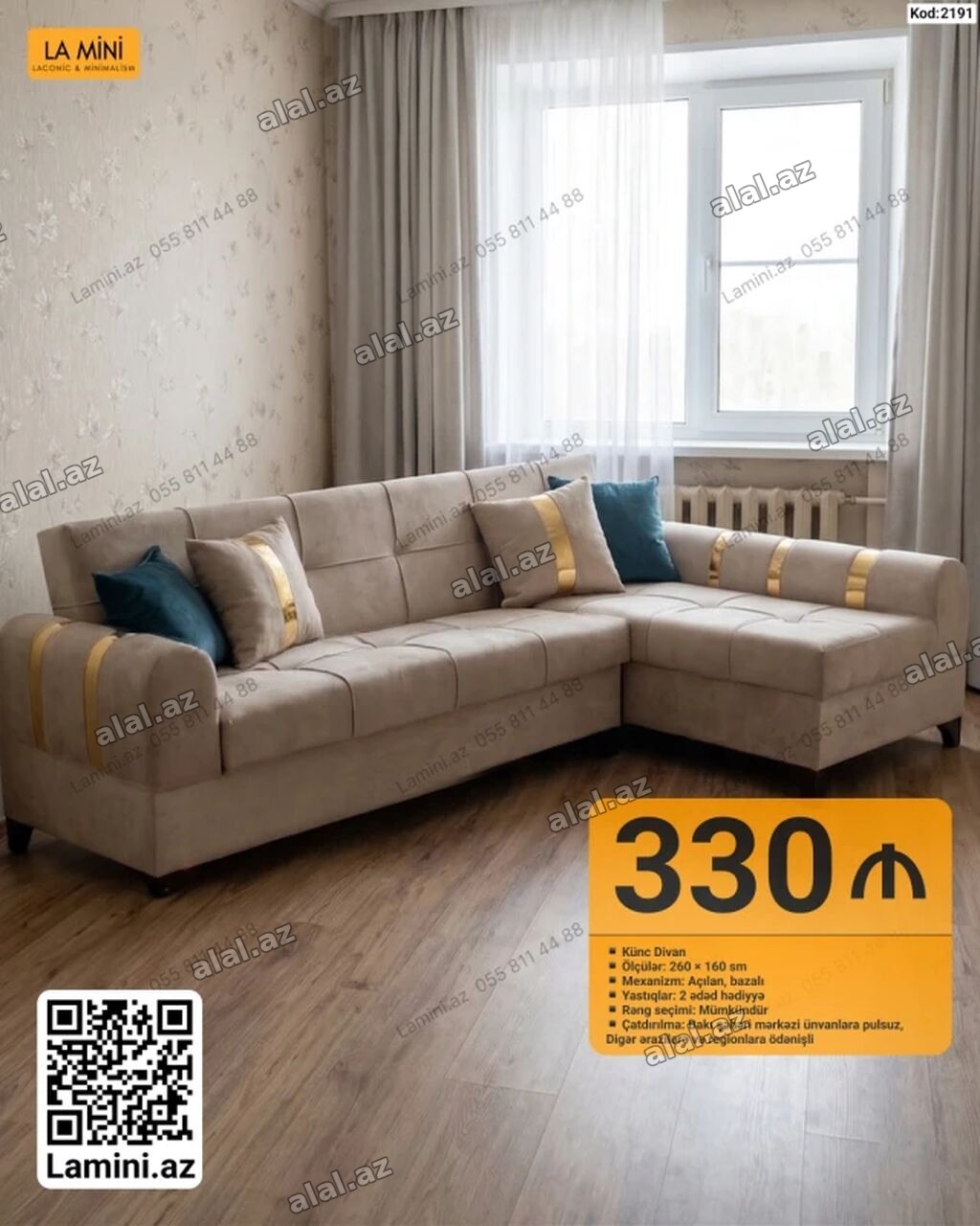 Künc Divan – La Mini - Ölçülər: 260 × 160 sm - Mexanizm: açılan