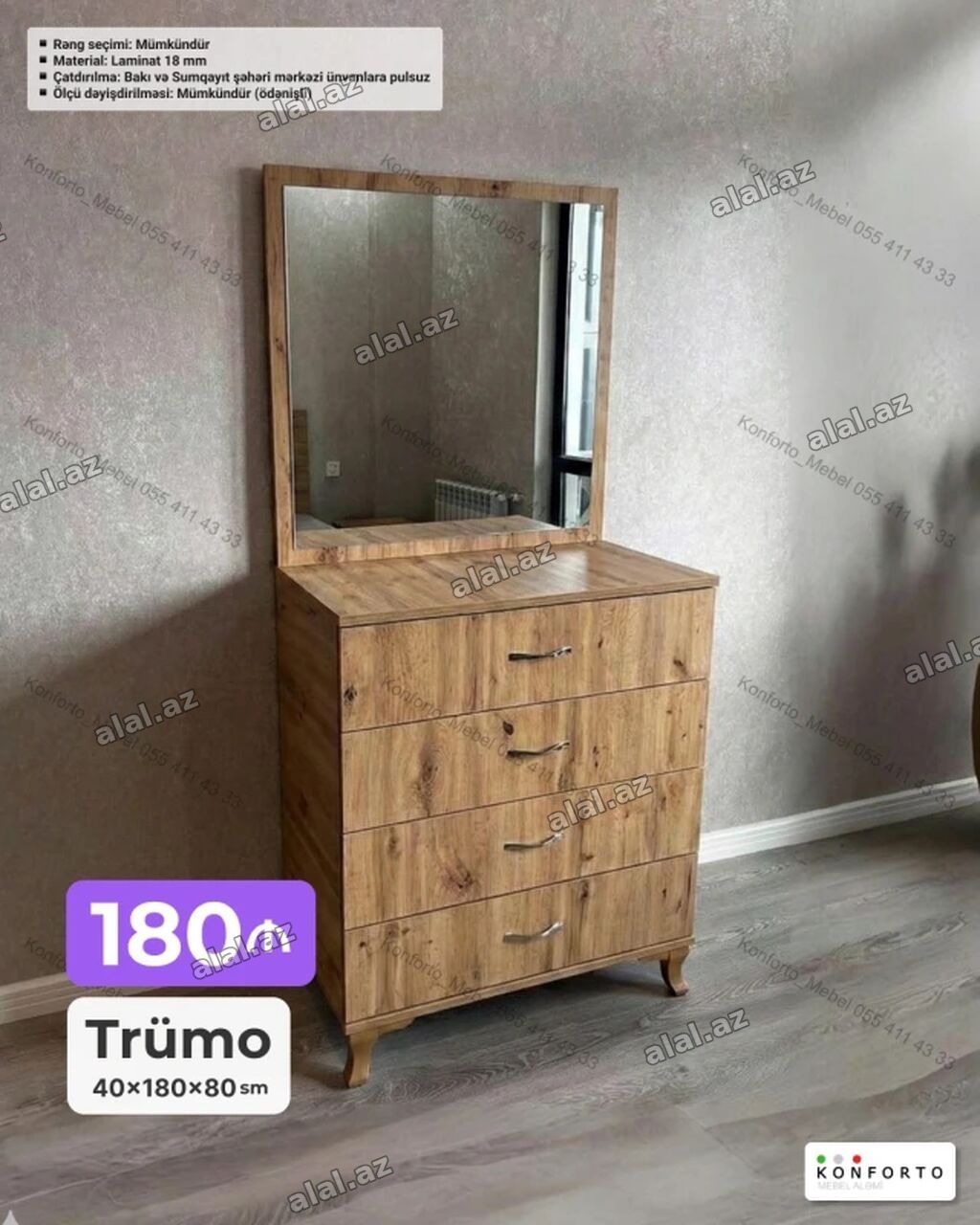 Trümo – 40×180×80 sm - Material: 18 mm laminat - Rəng seçimi