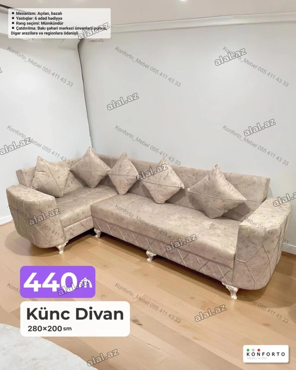 Künc divan – 280×200 sm - Açılan, bazalı mexanizm: rahat yatacaq