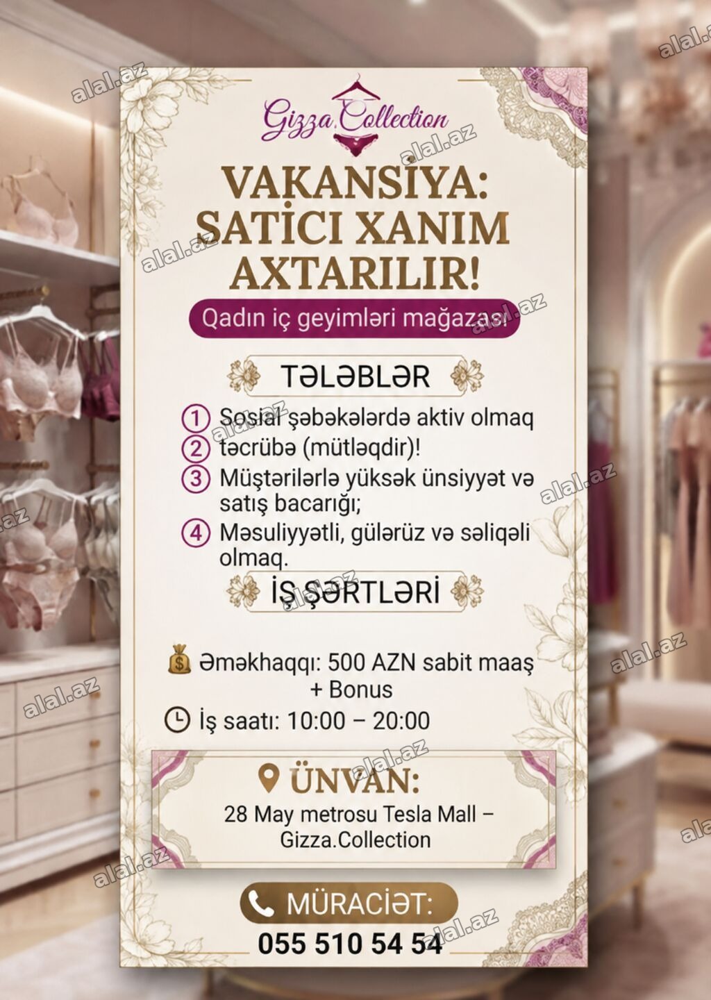 Satış məsləhətçisi tələb olunur, Yalnız qadınlar üçün, 3-5 illik təcrübə, Aylıq 