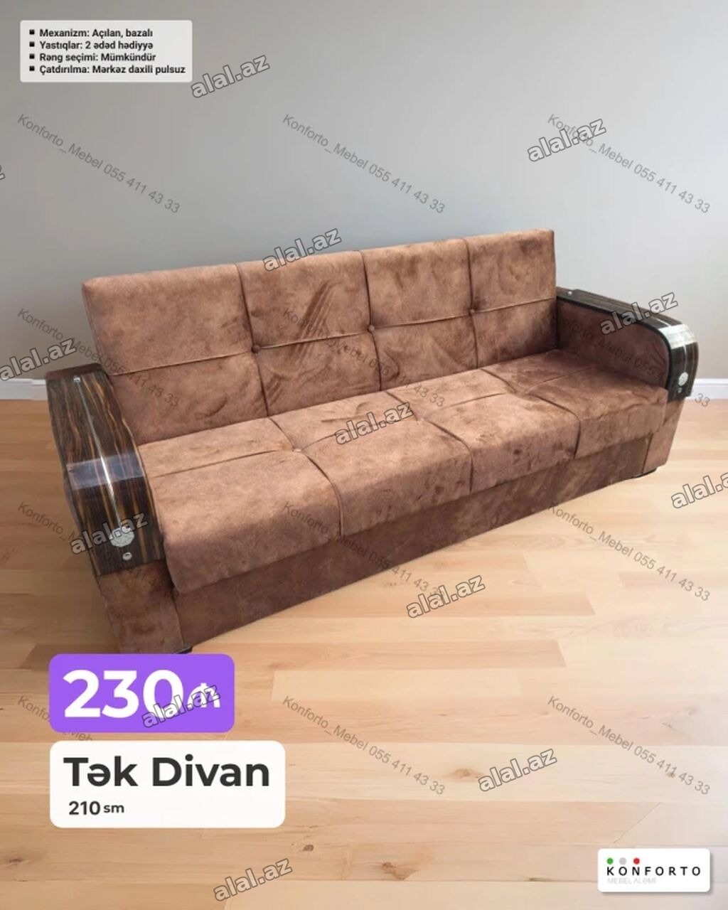 Tək divan – 210 sm Qiymət: 230 ₼ Xüsusiyyətlər: - Mexanizm: açılan