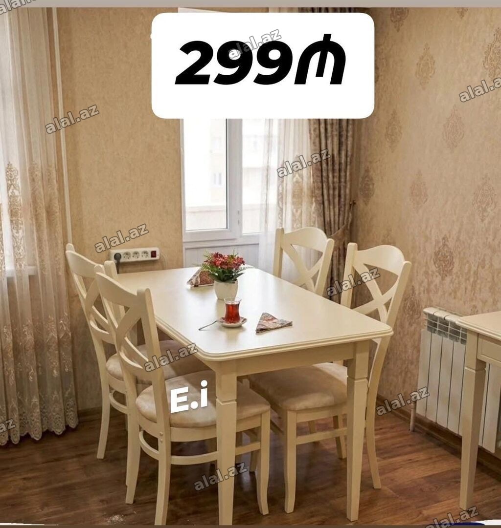 Yemək otağı üçün zərif stol-stul dəsti - Dəst: 1 masa + 4 stul -