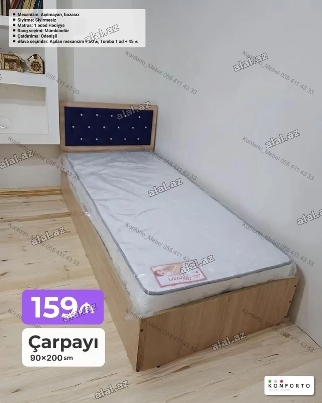Çarpayı – 90×200 sm - Mexanizm: açılmayan, bazasız - Sıyırma