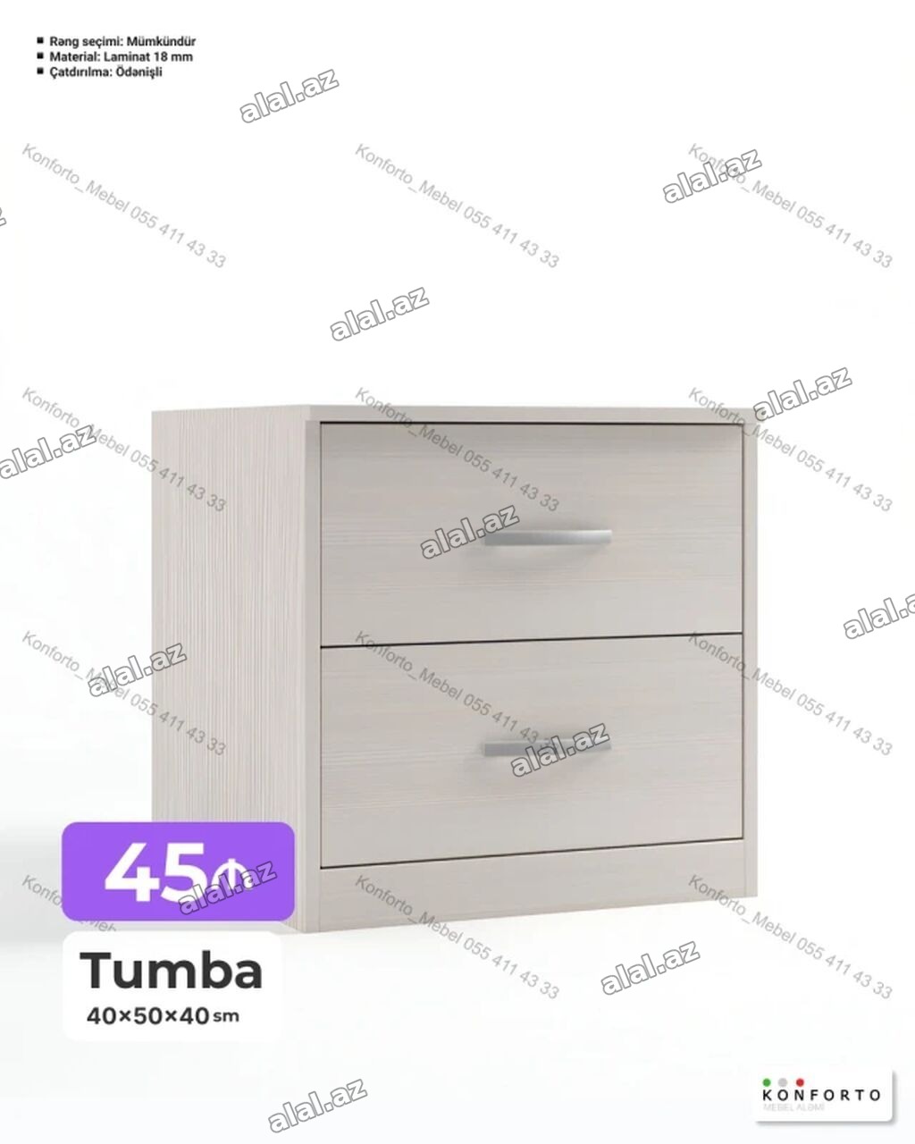 Tumba – 40×50×40 sm - 2 çekmecəli komod/tumba - Material: 18 mm