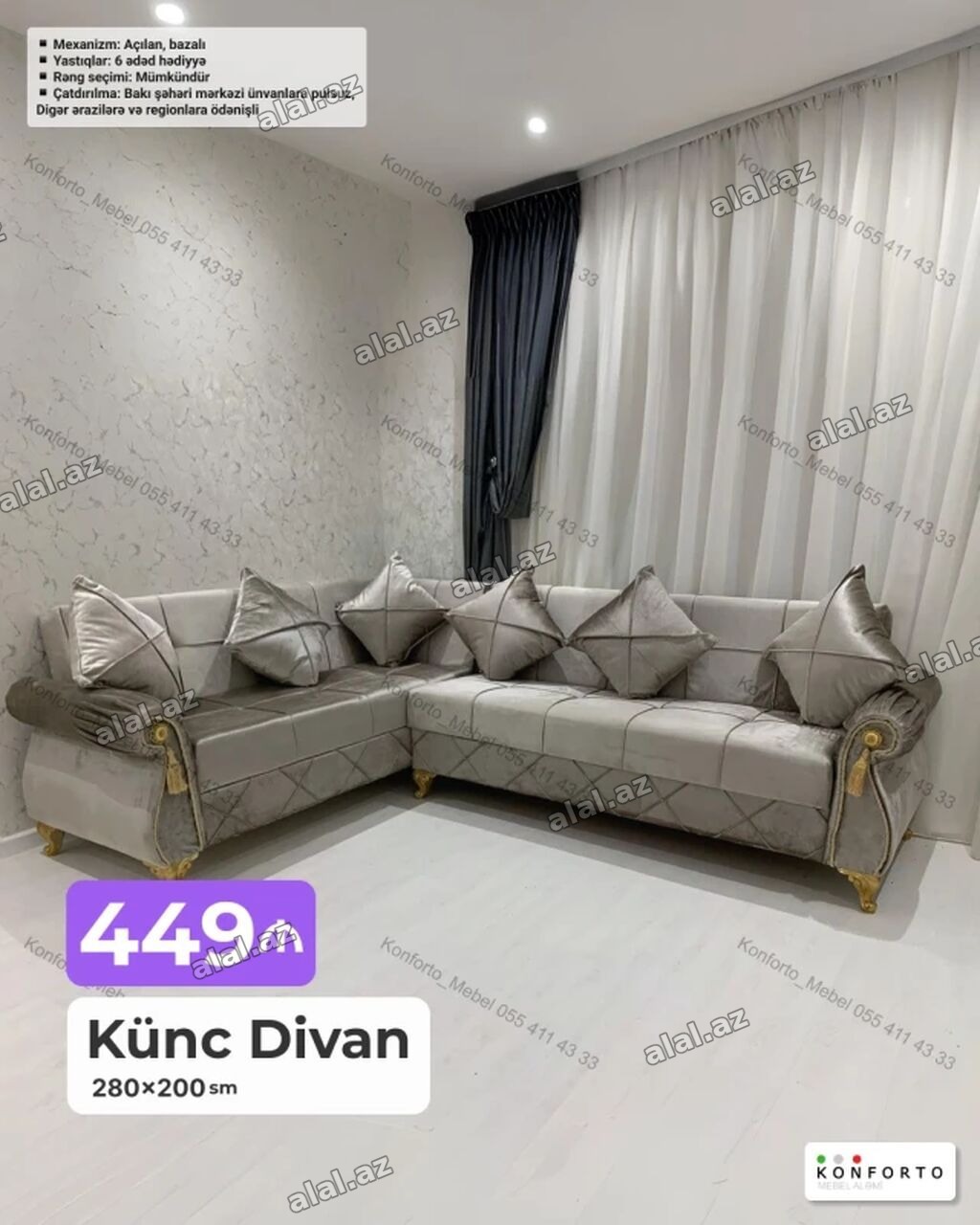 Künc divan – 280×200 sm • Mexanizm: açılan, bazalı (yataq funksiyalı