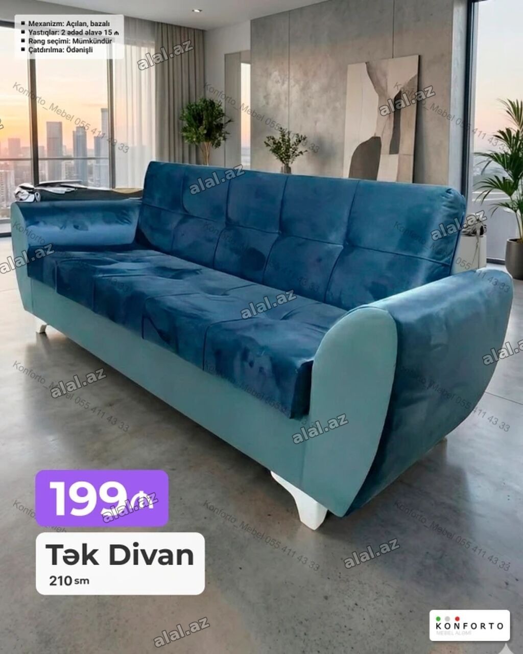 Tək Divan – 210 sm - Mexanizm: açılan, bazalı (yataq funksiyalı və