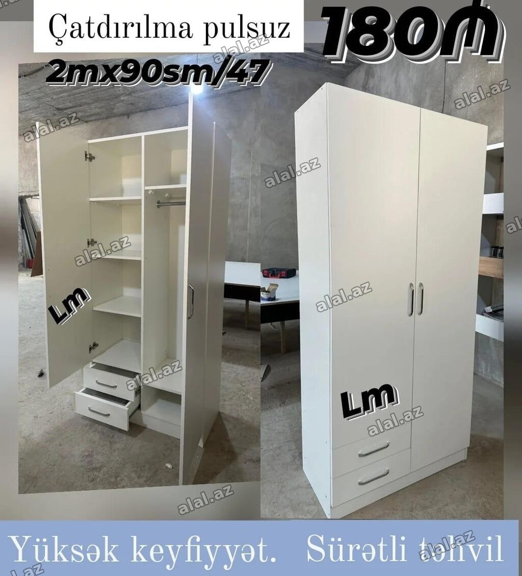 Ağ rəngli iki qapılı paltar şkafı Ölçülər: 2 m x 90 sm x 47 sm