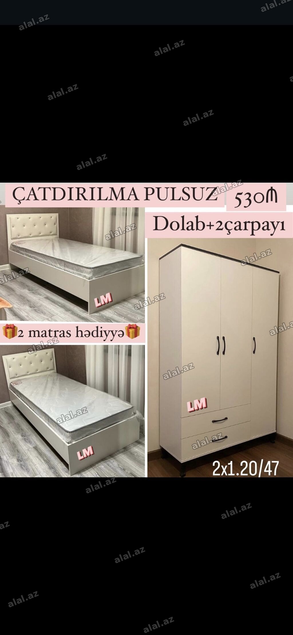 Mebel dəsti: Dolab + 2 çarpayı - Rəng: ağ, minimalistik dizayn -