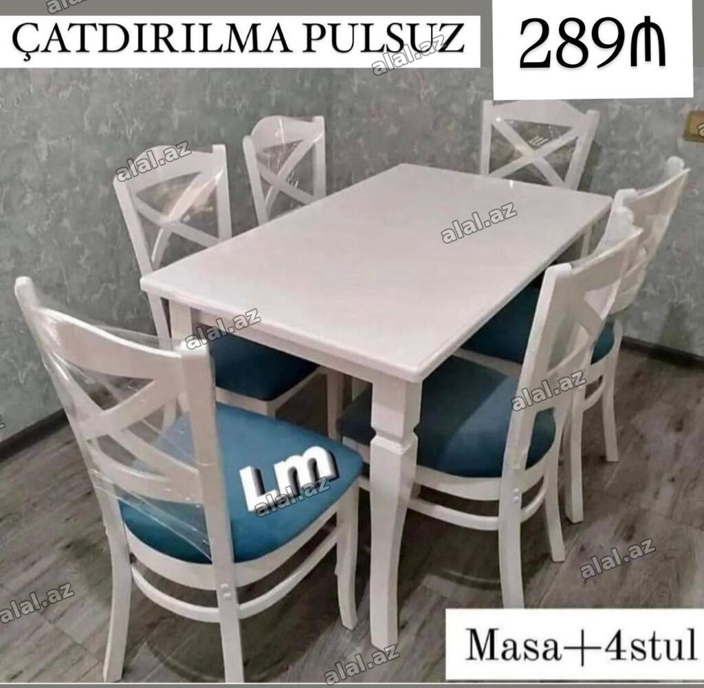 Ağ rəngli yemək dəsti – masa + 4 stul - Klassik dizaynlı düzbucaqlı