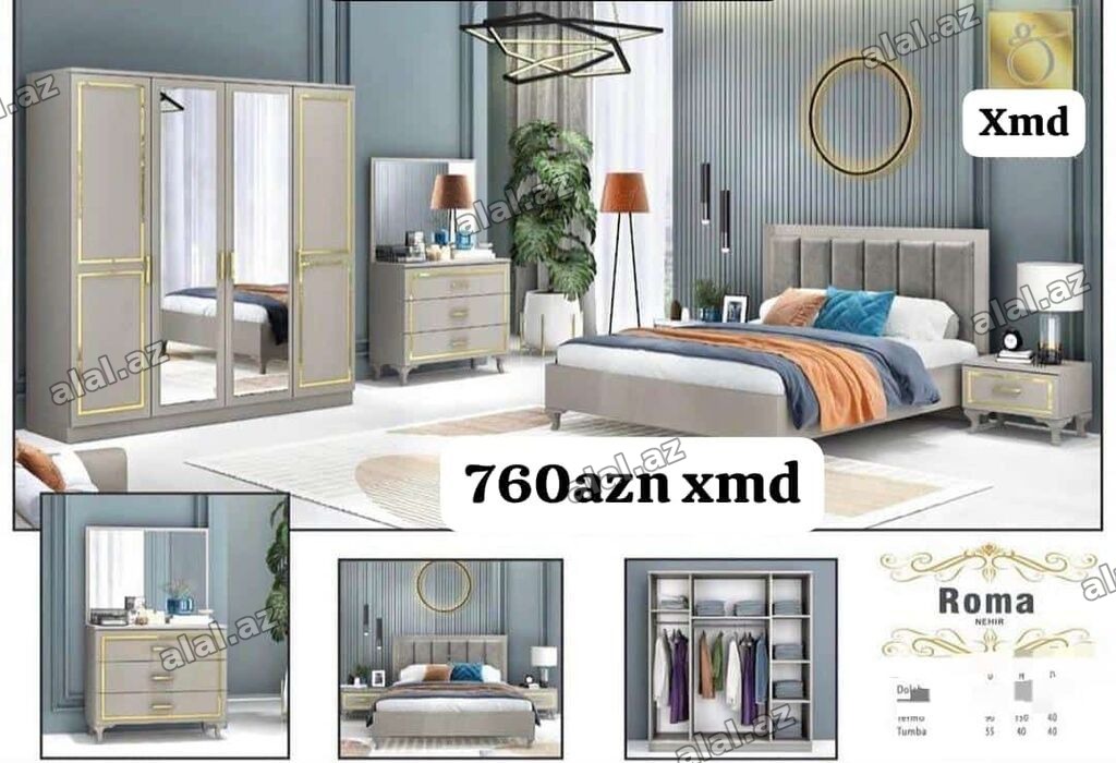 Roma yataq otağı dəsti – zərif qızılı detallar və pastel-boz tonlarda