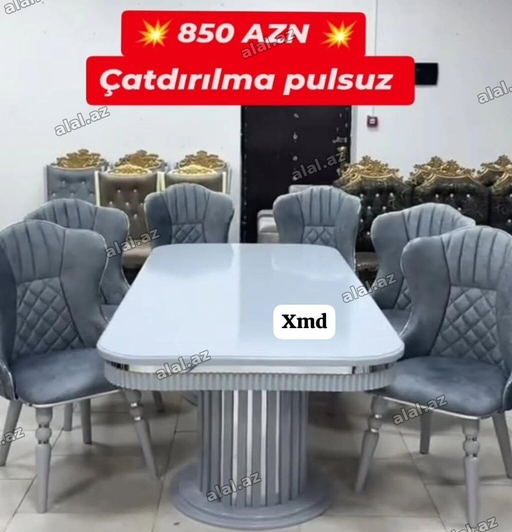 - Yemək dəsti: 1 masa + 6 stul - Rəng: boz/boz-gümüş tonları - Masa