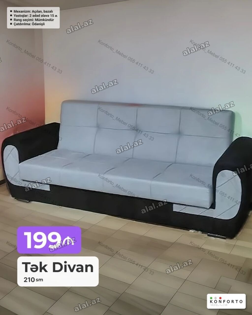 Tək divan – 210 sm - Mexanizm: açılan, bazalı - Yastıqlar: 2 ədəd