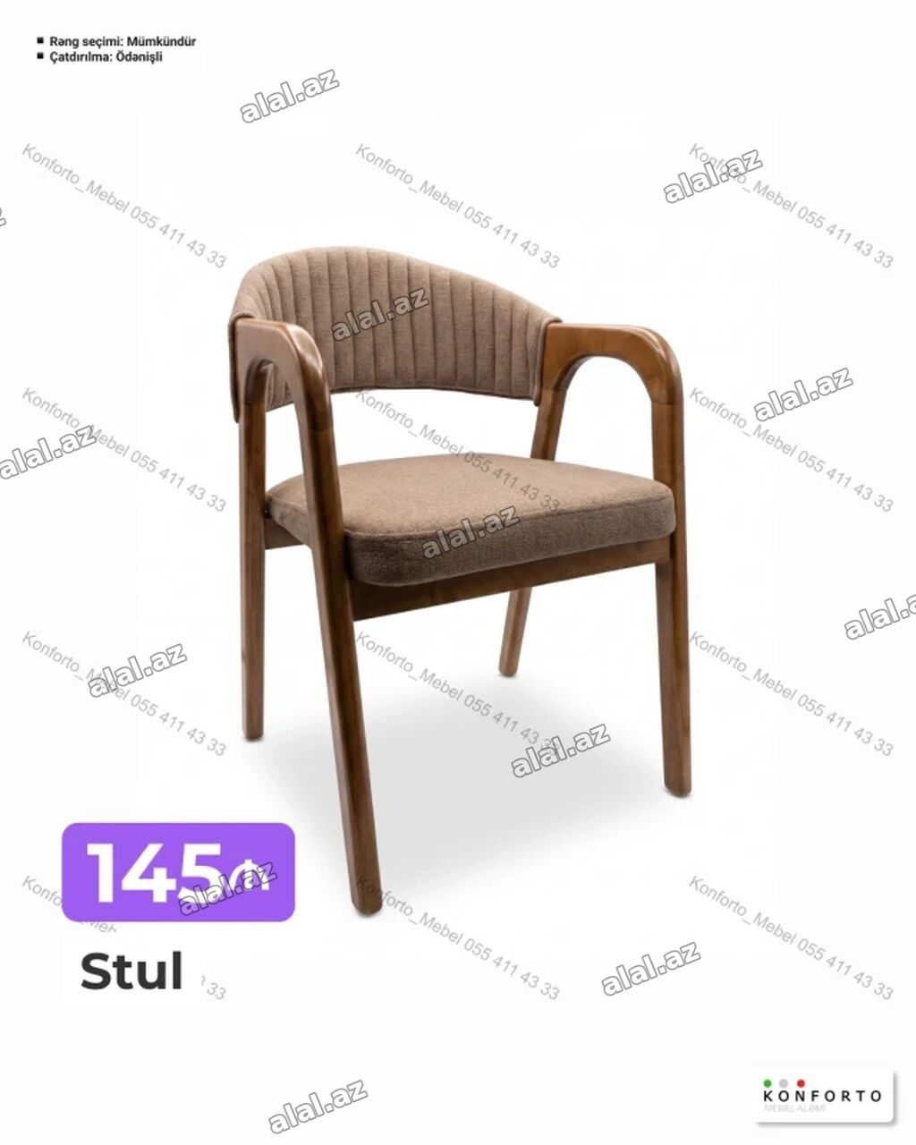 Məhsul: Yumru arxalı, qollu stul - Material: Taxta karkas, yumşaq