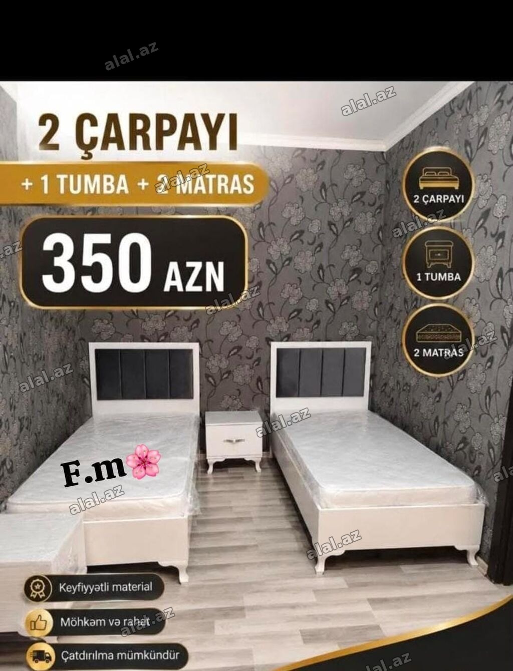 2 ədəd tək çarpayı dəsti Paketə daxildir: - 2 çarpayı - 1 tumbə - 2