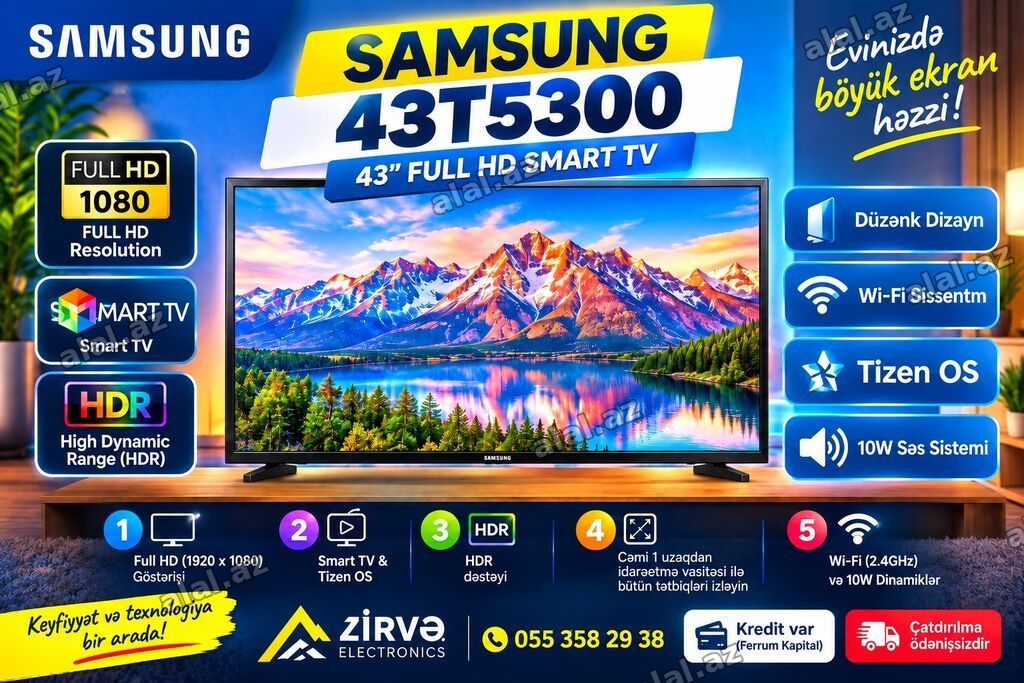 Yeni Televizor Samsung LED ekran 43" FHD (1920x1080), Pulsuz çatdırılma