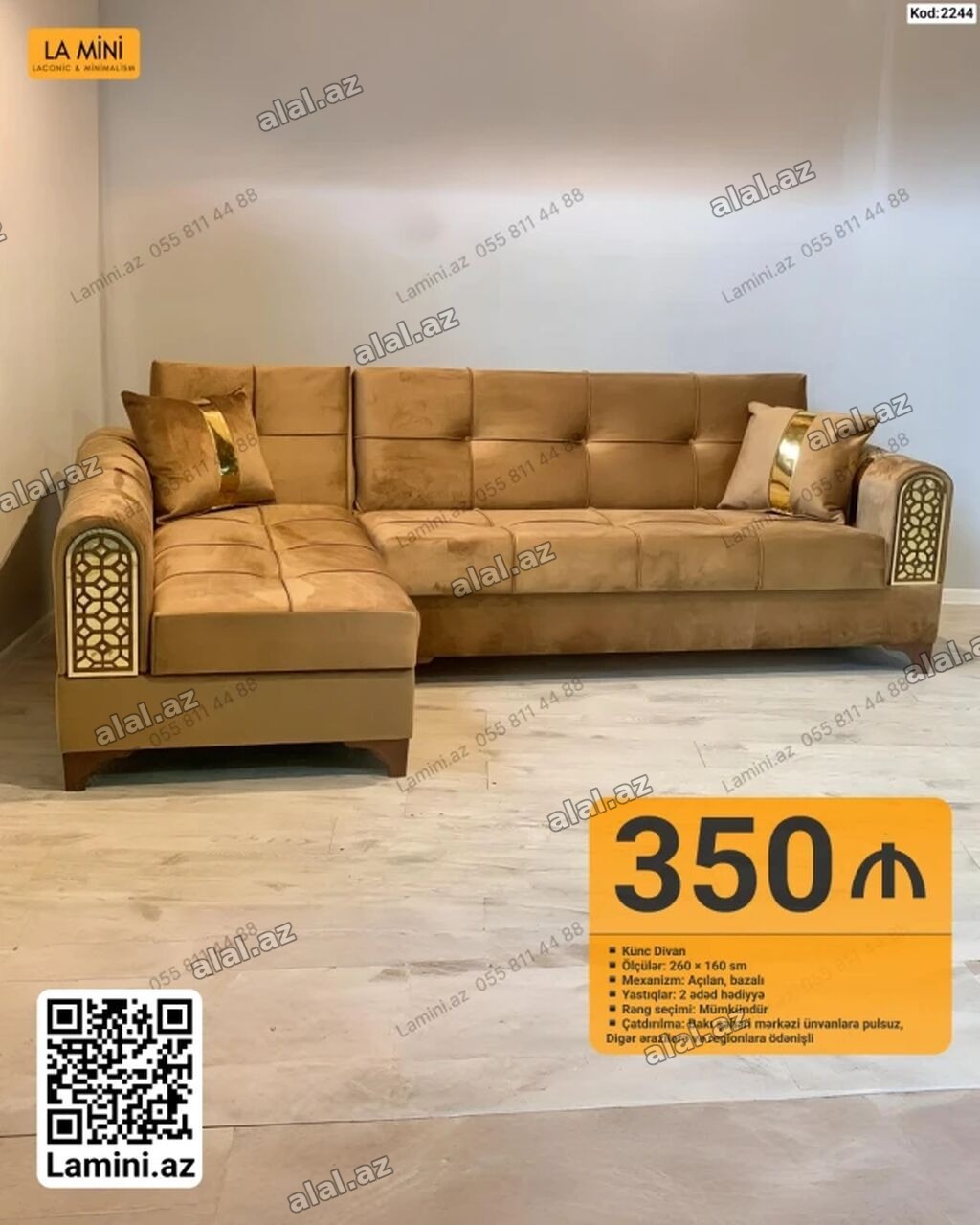 Künc divan – Kod: 2244 - Ölçülər: 260 × 160 sm - Mexanizm: açılan