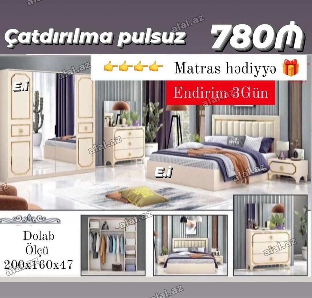 Yataq otağı dəsti – klassik krem rəngli dizayn, zərif qızılı detallar