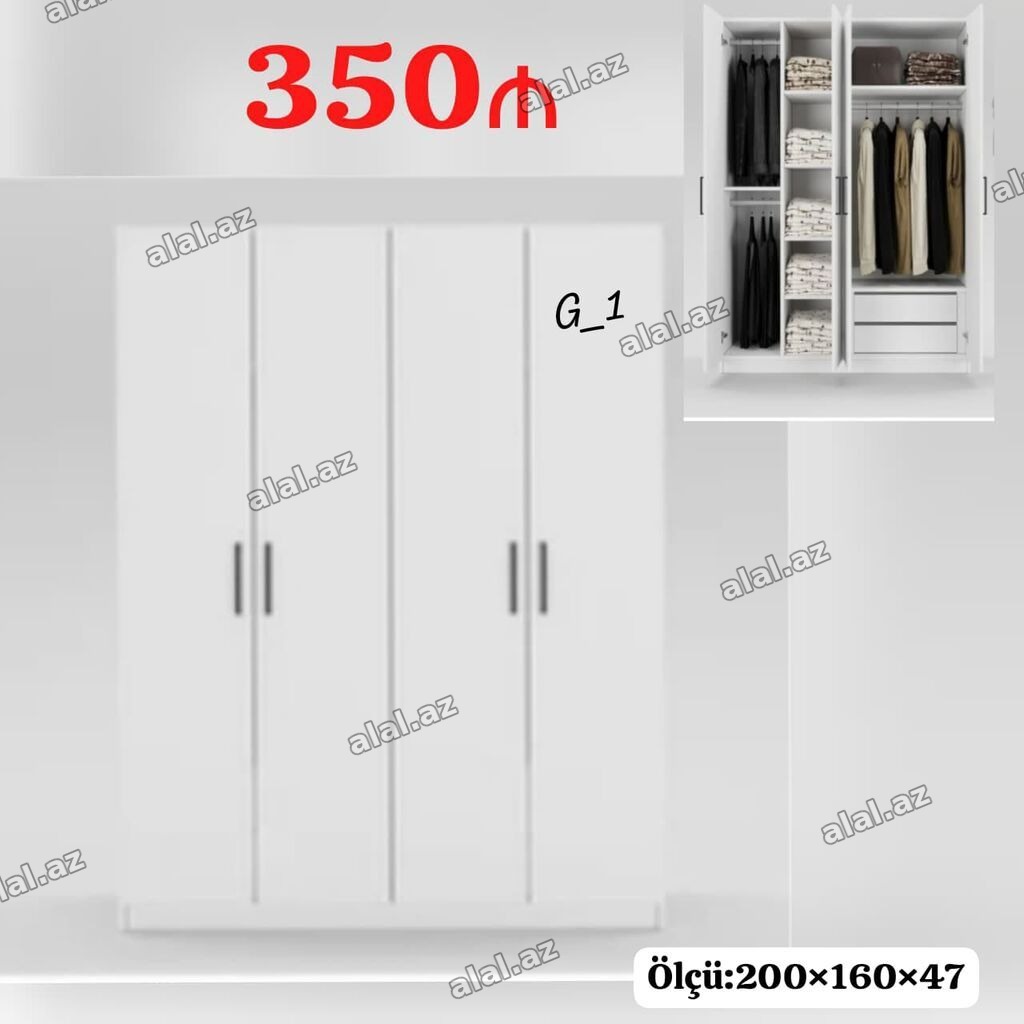 Ağ rəngli 4 qapılı paltar şkafı. Düz xətli, minimal dizayn, tutacaqlar