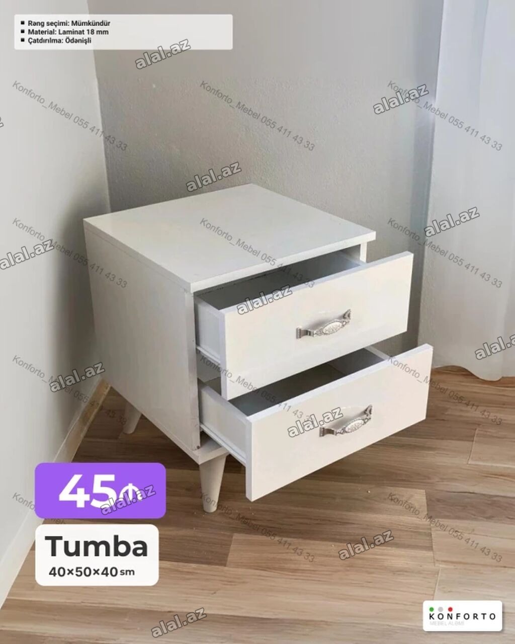 Ağ rəngli 2 çekmeceli tumbə Ölçü: 40×50×40 sm Material: 18 mm