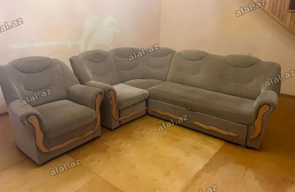 Künc divan və iki kreslo dəsti - Rəng: boz - Komplekt: L formalı künc