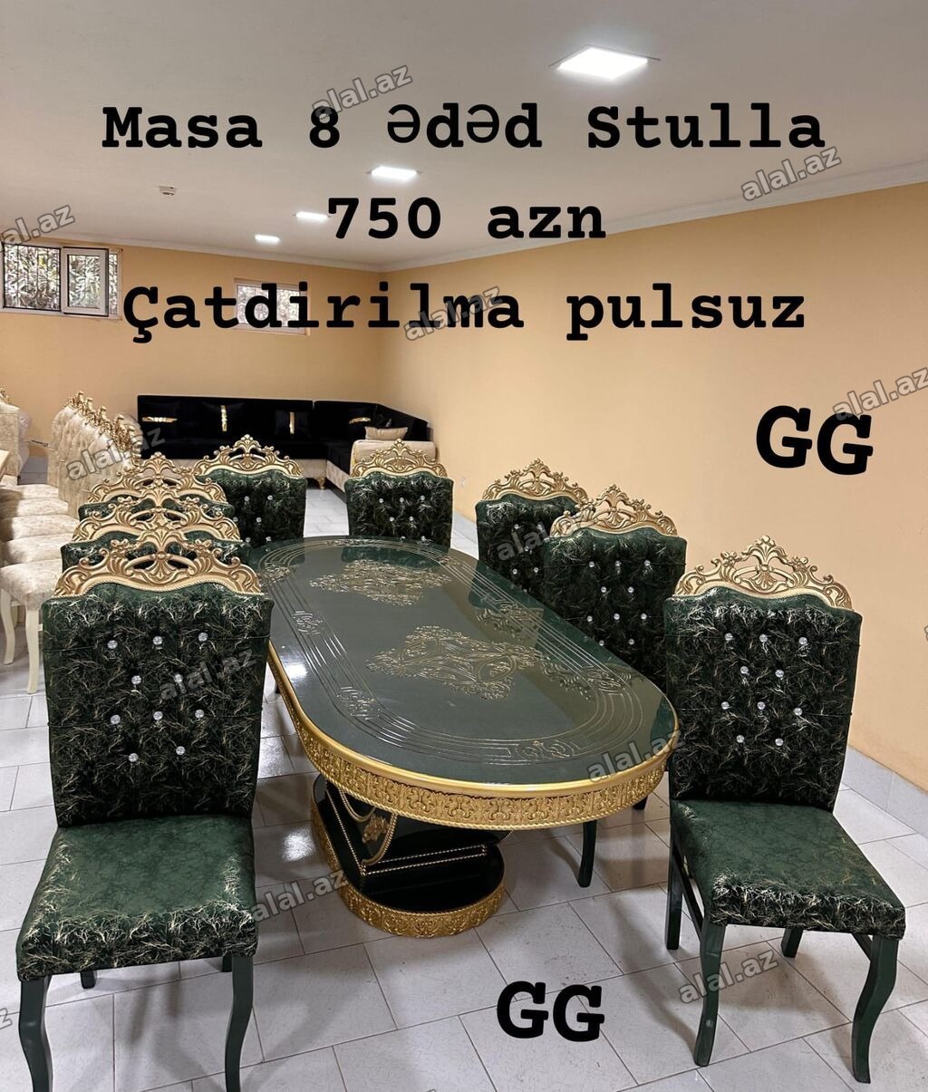 Masa və 8 ədəd stul dəsti - Rəng: Tünd yaşıl, qızılı naxış və