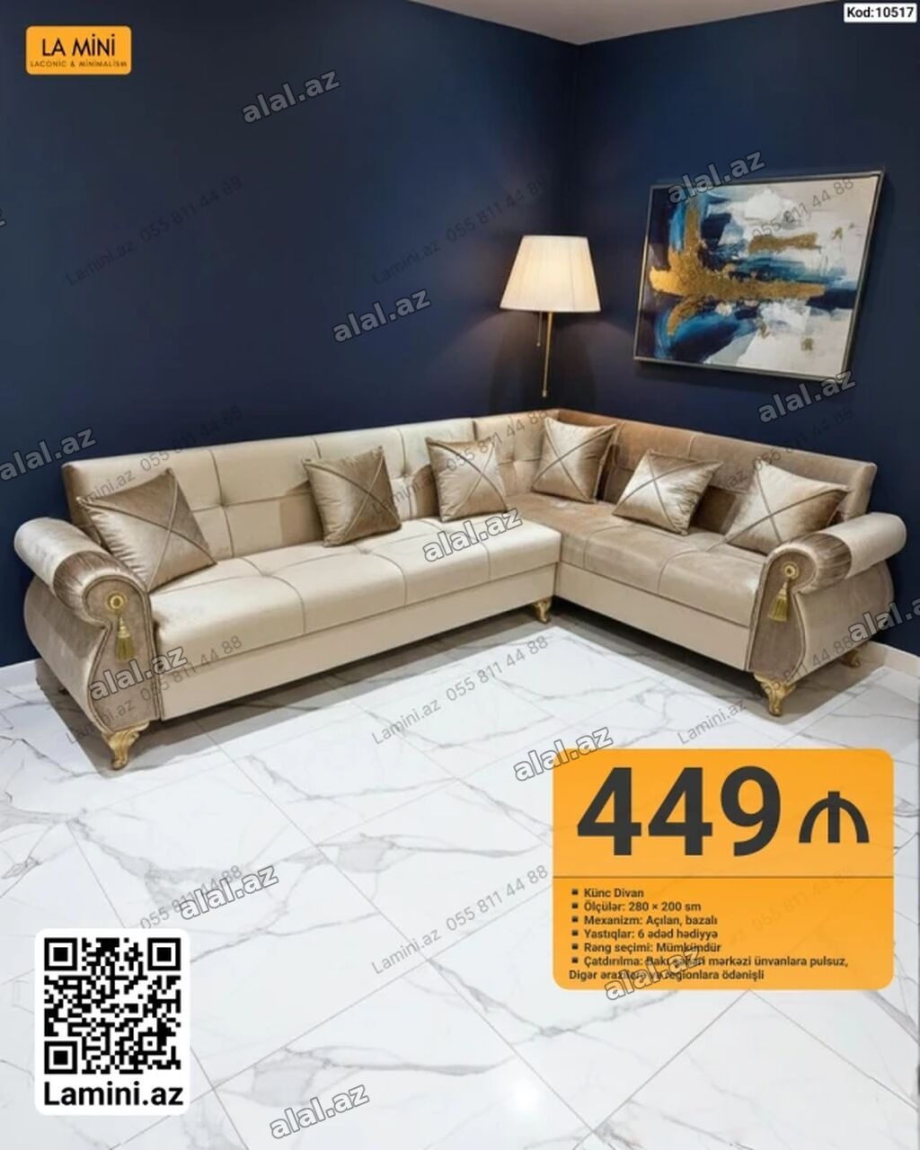 LA MINI Künc Divan - Ölçülər: 280 × 200 sm - Mexanizm: Açılan, bazalı